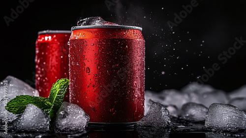 Red cans of cola, cola surface ice fog, black background, poured into a transparent glass, ice, mint, poured cola spilled