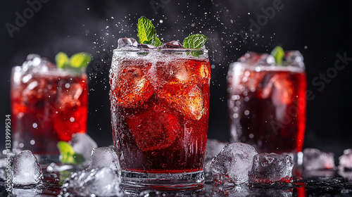 Red cans of cola, cola surface ice fog, black background, poured into a transparent glass, ice, mint, poured cola spilled