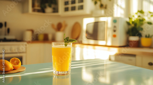 juice, noodles, milk, background pure, bright kitchen, e-commerce photography, 90 ° angle