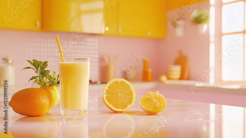 juice, noodles, milk, background pure, bright kitchen, e-commerce photography, 90 ° angle