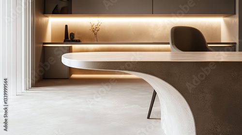 Modern minimalist office, 9:16 aspect ratio, bright and inviting, focus on desk with beige linoleum surface, rubberized texture with unique light reflection, soft ambient lighting, clean workspace, su
