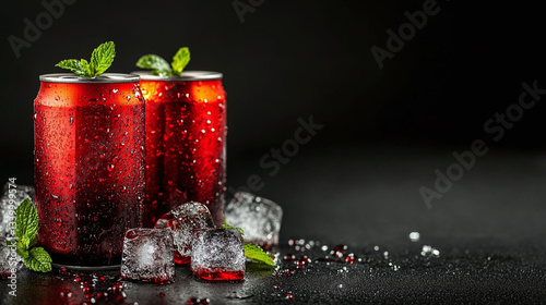Red cans of cola, cola surface ice fog, black background, poured into a transparent glass, ice, mint, poured cola spilled