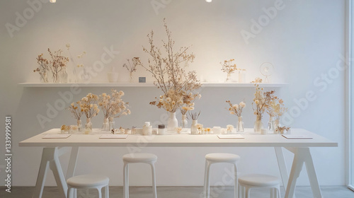 A serene flower pressing station featuring a sawhorse-style table painted in crisp matte white with distinctive A-frame legs that maintain the architectural interest while harmonizing with the minimal