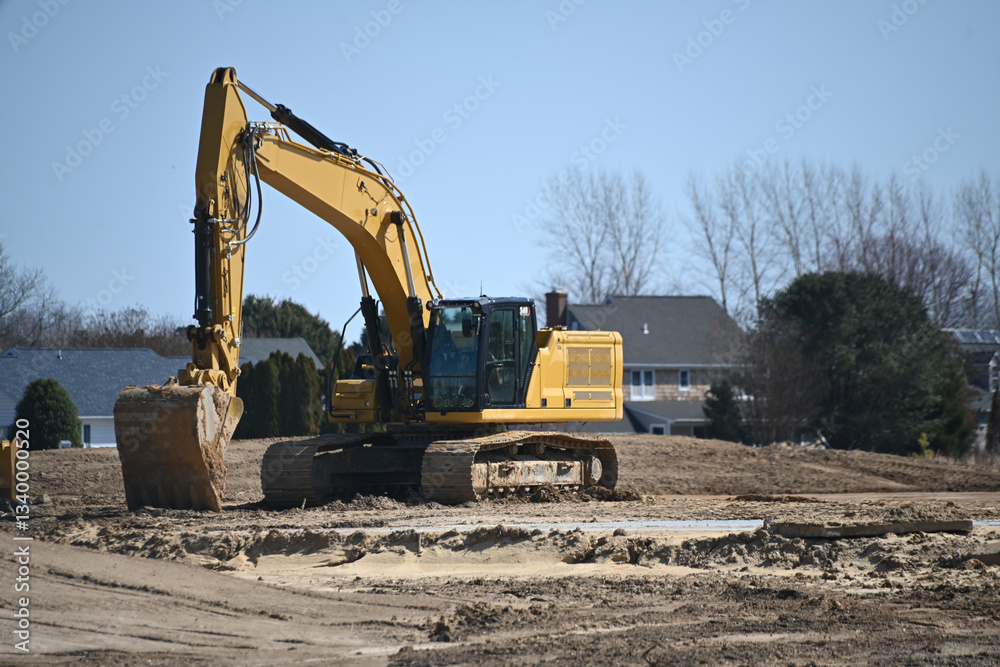 Obraz premium Yellow excavator digger construction vehicle on a construction site