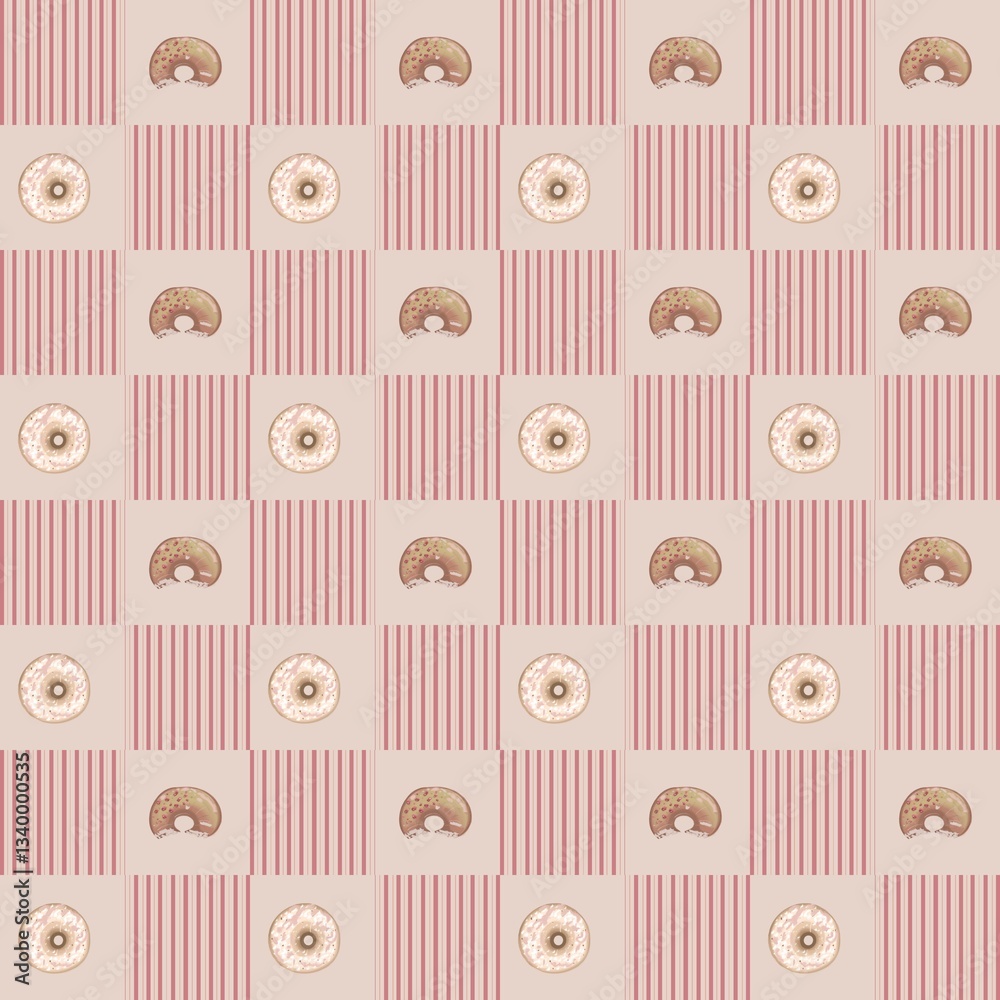 Seamless cute pattern with glazed donuts and checkered elements on light pink background, pxl 5000x5000 Seamless cute pattern with glazed donuts and checkered elements on light pink background, pxl 5000x5000