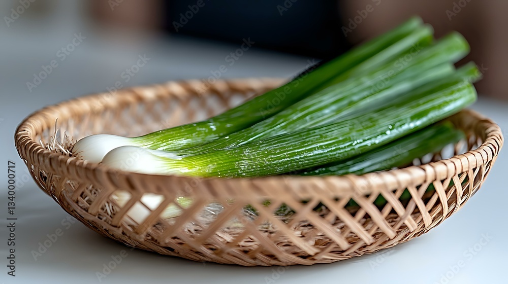 Fresh green onions and white bulbs in traditional woven bamboo basket, shallow depth of field with soft natural lighting, rustic kitchen setting. Fresh green onions and white bulbs in traditional woven bamboo basket, shallow depth of field with soft natural lighting, rustic kitchen setting.