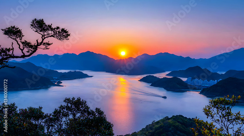 Vibrant Sunset Over a Serene River and Mountain Landscape