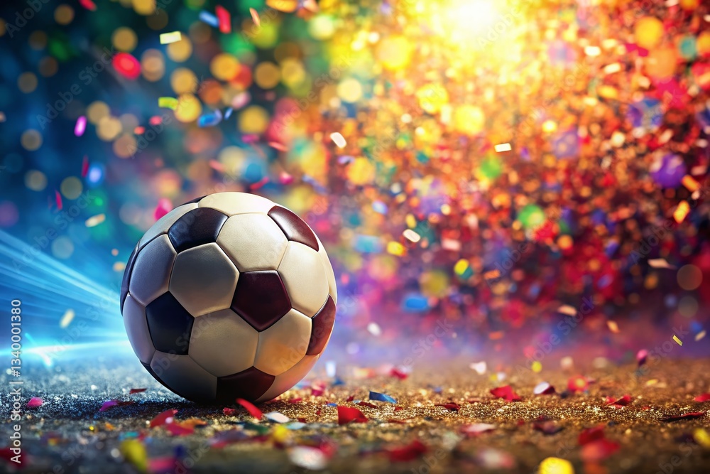 Fototapeta premium Colorful Soccer Ball with Confetti Exploding - Stock Photo