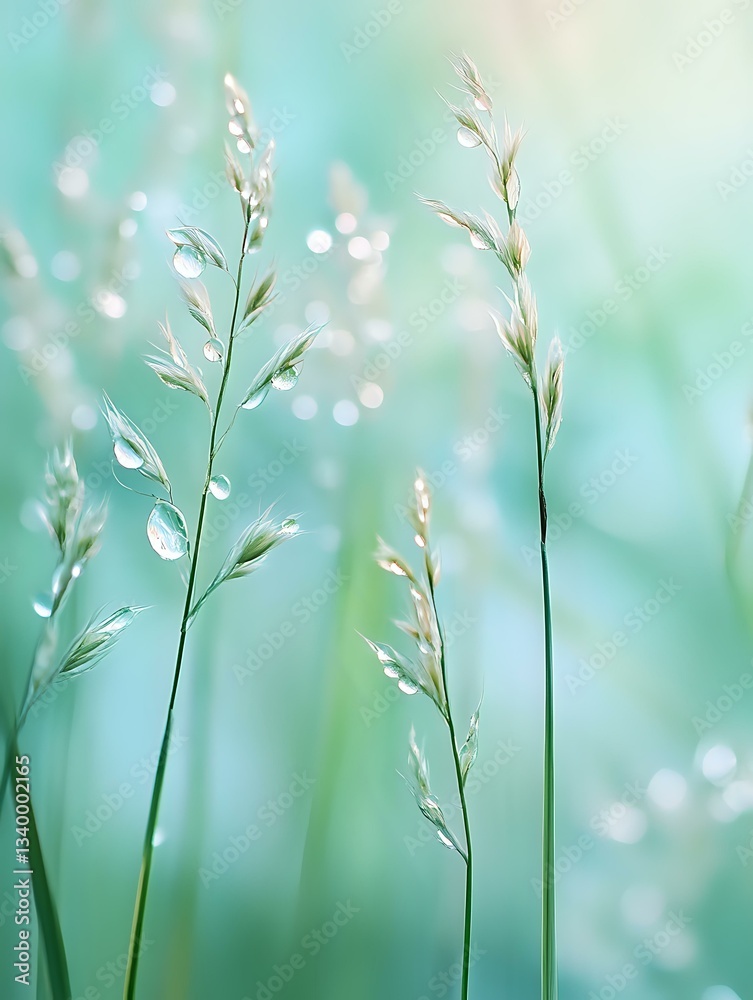 Fresh morning dew drops on delicate grass stems against soft mint green background create dreamy natural macro photography composition for wellness designs.