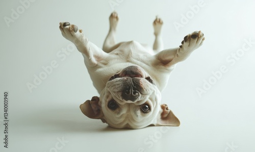 Playful dog lying upside down on a clean surface, showcasing its joyful expression in a minimalistic setting