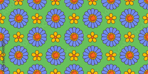 Vibrant seamless floral pattern with retro and playful design. Contrasting hues, groovy aesthetic hippie culture 60s and 70s for fashion, interior design branding, textiles or wrapping paper