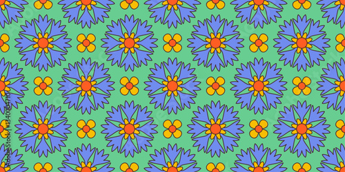 Vibrant seamless floral pattern with retro and playful design. Contrasting hues, groovy aesthetic hippie culture 60s and 70s for fashion, interior design branding, textiles or wrapping paper