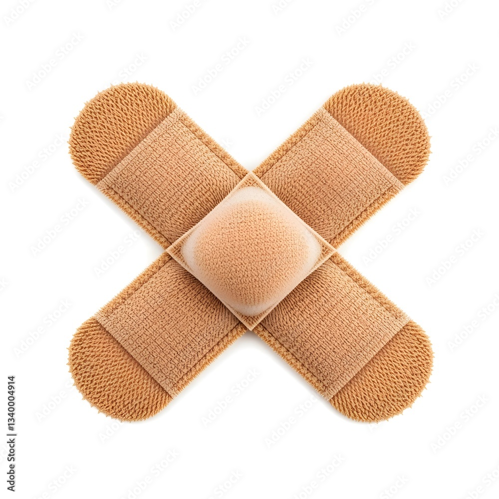 Hyper-Realistic Digital Rendering of Two Adhesive Bandages in a Cross Shape with Intricate Fabric Texture, Fine Weave Patterns, Matte Surface, Subtle Creases, Tiny Perforations, Raised Cushioned Pad, Hyper-Realistic Digital Rendering of Two Adhesive Bandages in a Cross Shape with Intricate Fabric Texture, Fine Weave Patterns, Matte Surface, Subtle Creases, Tiny Perforations, Raised Cushioned Pad,
