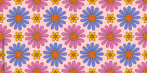 Vibrant seamless floral pattern with retro and playful design. Contrasting hues, groovy aesthetic hippie culture 60s and 70s for fashion, interior design branding, textiles or wrapping paper