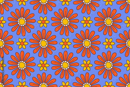 Vibrant seamless floral pattern with retro and playful design. Contrasting hues, groovy aesthetic hippie culture 60s and 70s for fashion, interior design branding, textiles or wrapping paper