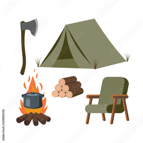 A charming illustration of camping essentials including a tent, campfire with pot, logs, an axe, and a camping chair, perfect for outdoor adventure themes.