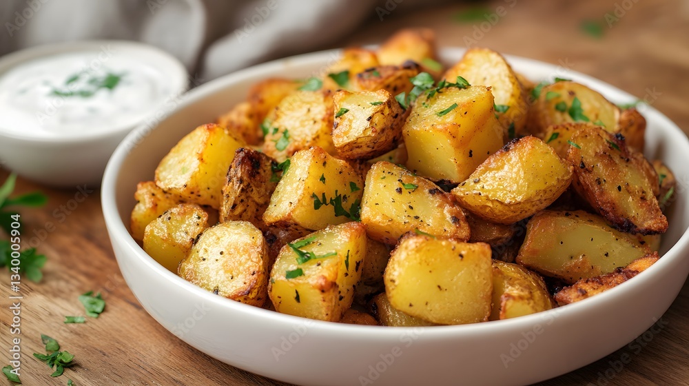 Crispy roasted potatoes with herb dip.
Crispy roasted potatoes with herb dip.