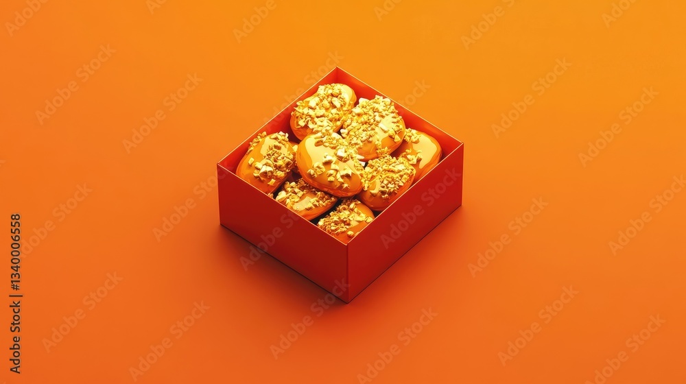 A square box of mini donuts, topped with nuts and caramel drizzle, displayed on a bold orange background
