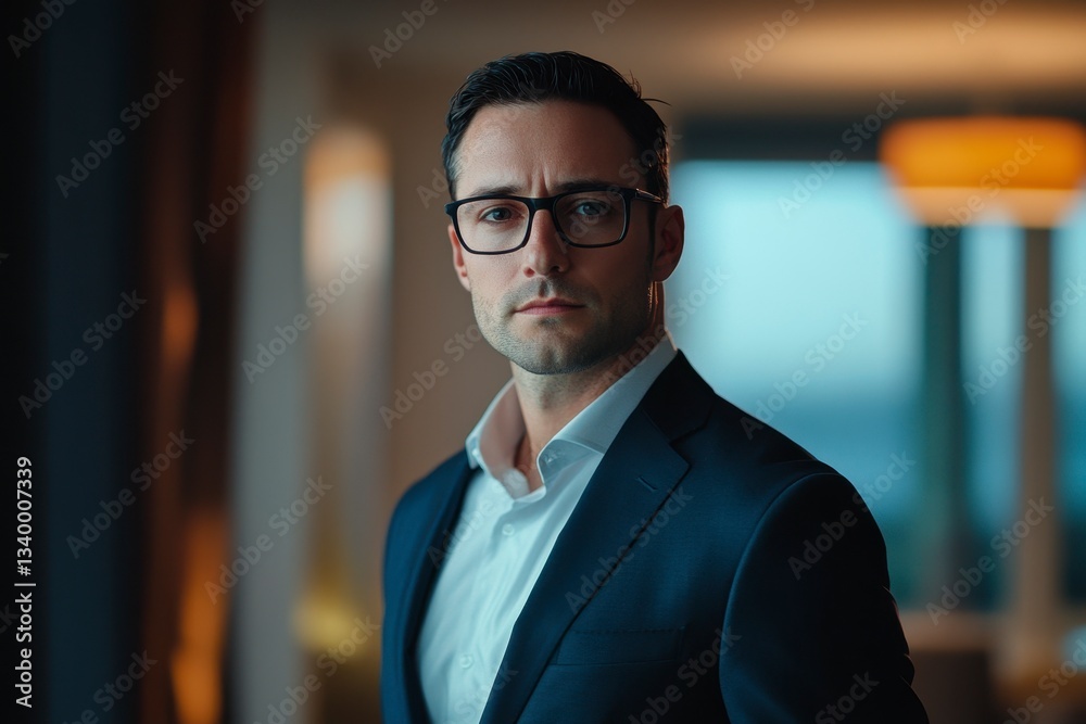 Fototapeta premium Serious Business Man in Suit & Glasses Looks At Viewer With Intensity