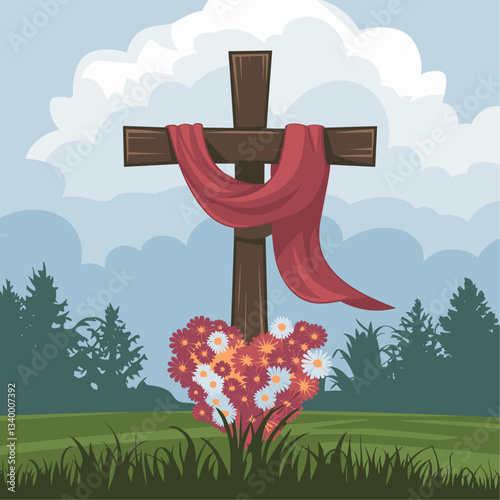 A beautifully illustrated wooden cross draped with a red scarf, set against a tranquil sky and vibrant flowers. Perfect for themes of faith, renewal, and nature.