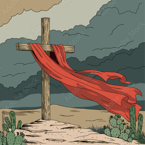 A wooden cross draped in flowing red fabric stands amidst cacti under dramatic clouds, symbolizing faith and resilience in a desert setting.