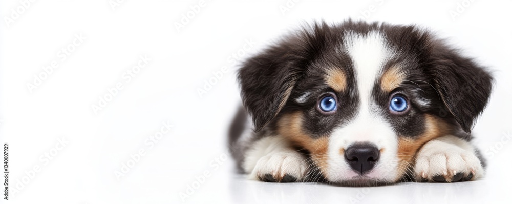 Fototapeta premium Adorable Australian Shepherd puppy with striking blue eyes resting on a white surface