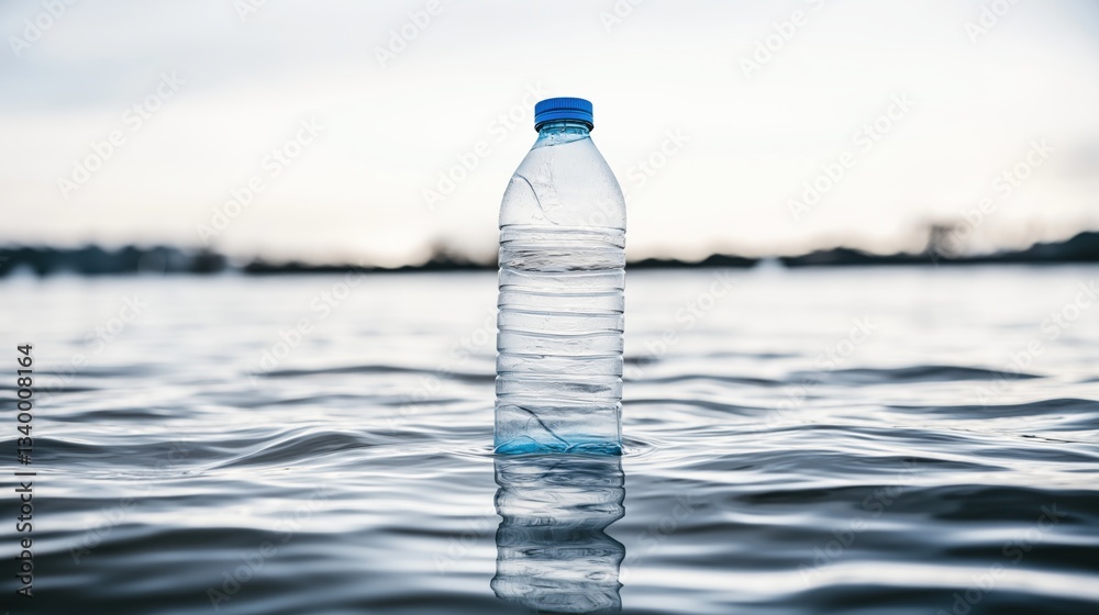 Plastic bottle floats in water, reflecting climate change pollution and its impact on the future Plastic bottle floats in water, reflecting climate change pollution and its impact on the future
