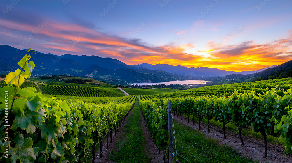 Golden Hour Sunset Over Vast Vineyard Rows Golden Hour Sunset Over Vast Vineyard Rows