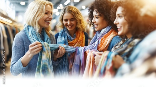 Diverse group of women joyfully shopping for colorful scarves in a retail store with bright lighting