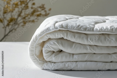 White folded duvet or comforter resting on a textured white surface, backlit by natural light, with a plant silhouette in background.