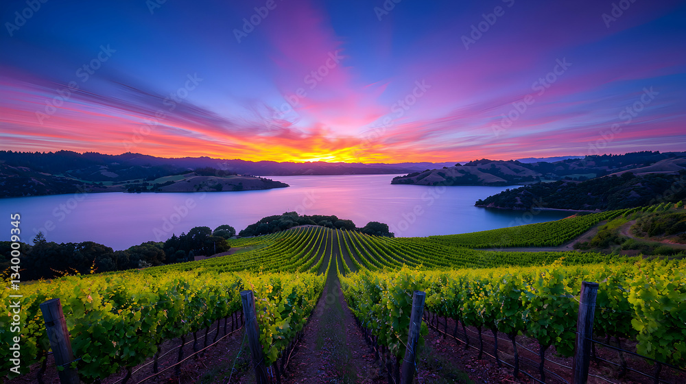 Naklejka premium Golden Sunset Over Vineyard Lake Landscape