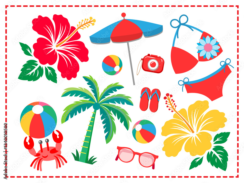 Fototapeta premium ビキニ■ハイビスカス&ヤシの木■夏素材のイラストセット