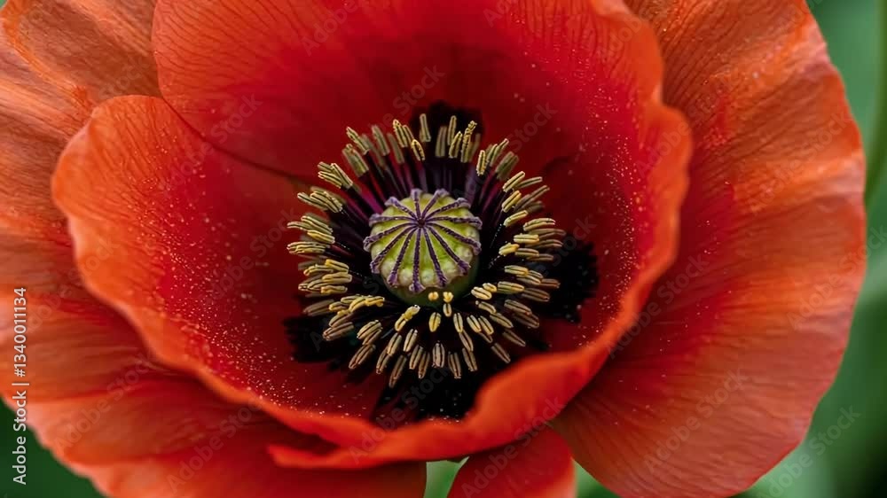 Close-up of a vibrant red poppy flower showcasing intricate details of its center and petals Close-up of a vibrant red poppy flower showcasing intricate details of its center and petals