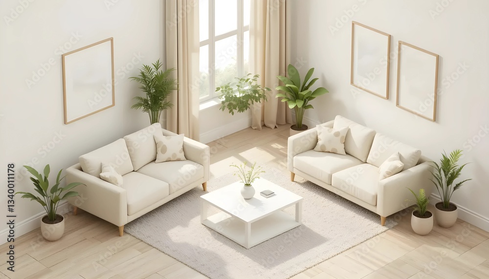 An overhead view of a stylish, minimalist living room. An overhead view of a stylish, minimalist living room.