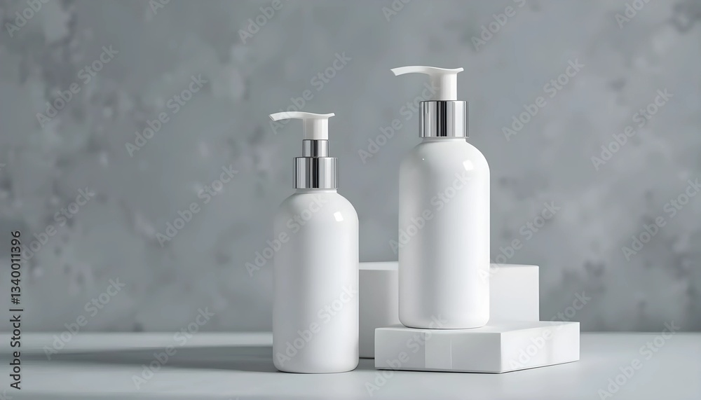 Two empty, glossy white pump bottles sit on a white, stepped platform against a textured grey stone backdrop. Two empty, glossy white pump bottles sit on a white, stepped platform against a textured grey stone backdrop.