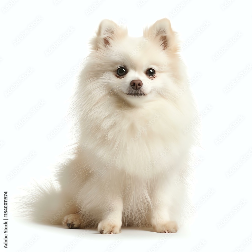 Fototapeta premium A playful and fluffy white Pomeranian dog sitting gracefully. Its charming expression and soft fur make it a delightful companion, perfect for showcasing the joy of pet ownership.