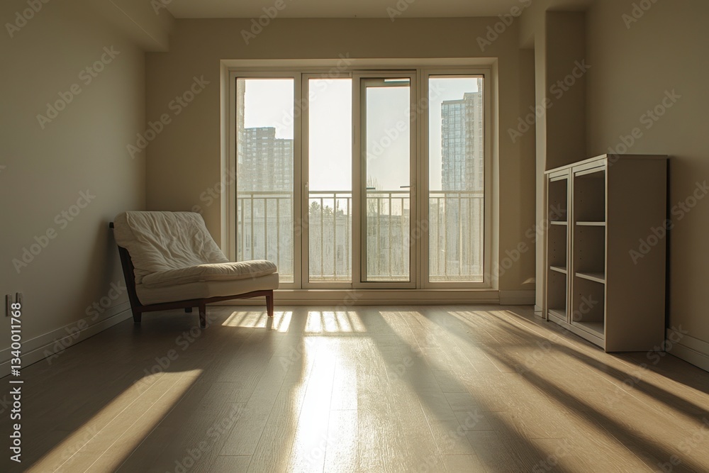 Fototapeta premium Serene Apartment Interior with Natural Light, Chair, Cabinet, and City View