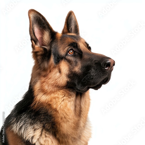 A majestic German Shepherd dog with alert eyes and a strong build, showcasing its noble features against a clean white background, symbolizing loyalty and protection.