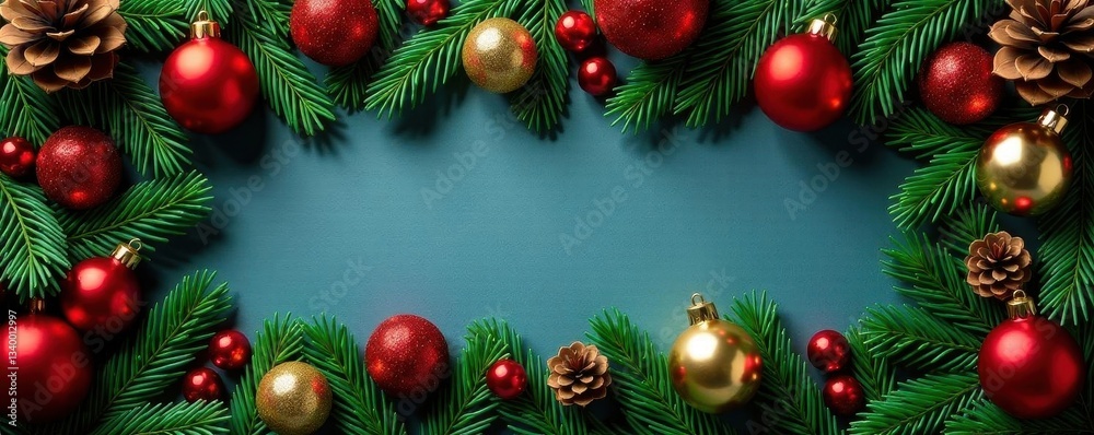 Neat rows of pine cones & gleaming ornaments form a rectangle , glitter, top view Neat rows of pine cones & gleaming ornaments form a rectangle , glitter, top view