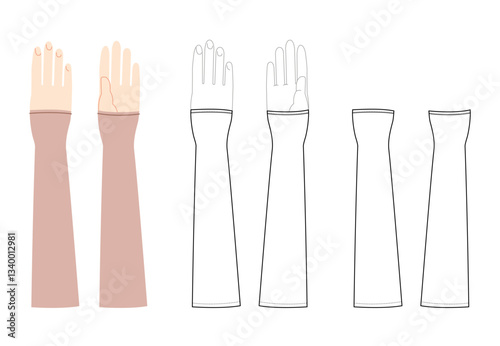 Gauntlets Gloves Elbow length crean tan cartoon and flat CAD mockup Fashion hand accessory clothing technical illustration garment. Vector for Men, women, unisex style template sketch outline on white