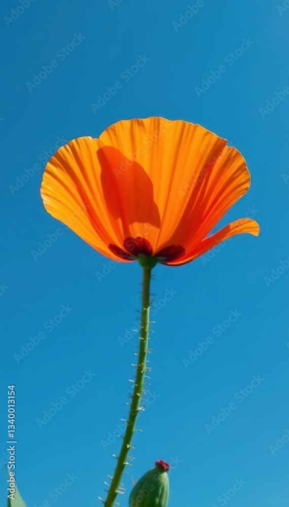 Obraz premium Single orange poppy blossom against a deep blue sky, summer, wildflower, nature