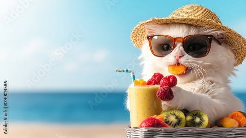 Joyful white cat wearing straw hat and enjoying fresh fruit in a bright summer environment filled with cheerfulness