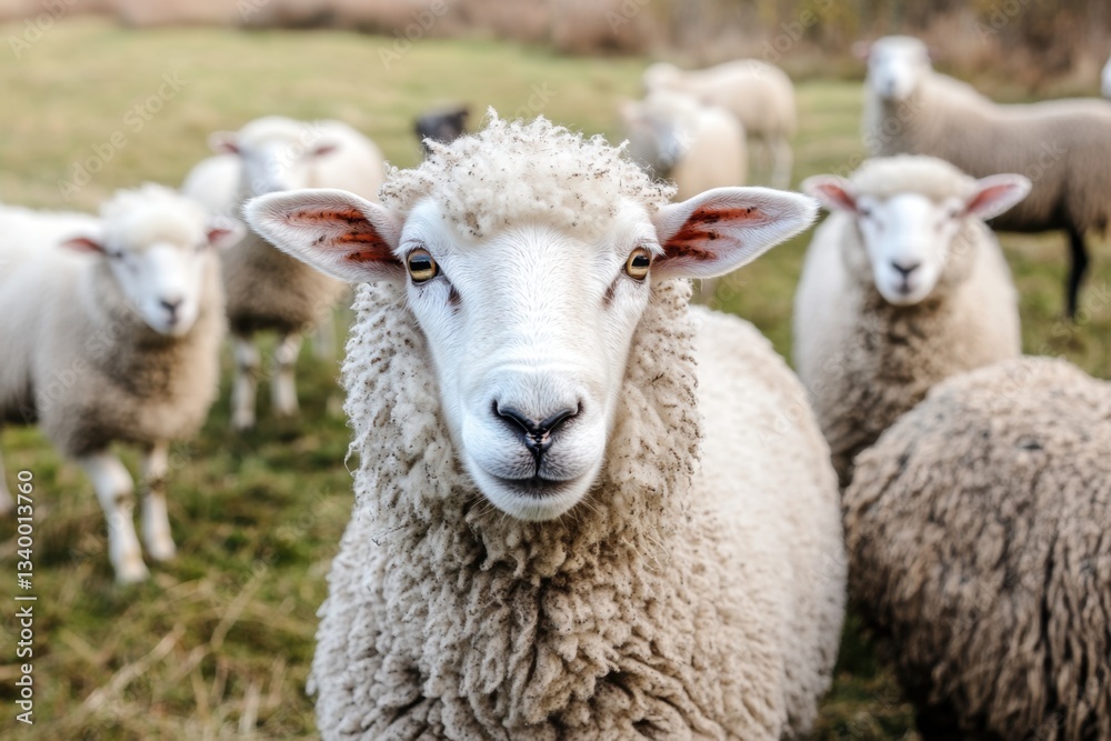 Close-up of a curious sheep in a lush green pasture surrounded by grazing flock Close-up of a curious sheep in a lush green pasture surrounded by grazing flock