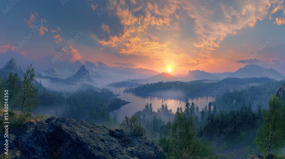 Obraz premium Serene Sunset over Mountain Lake