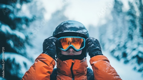 A person wearing goggles and helmet in snowy winter woods