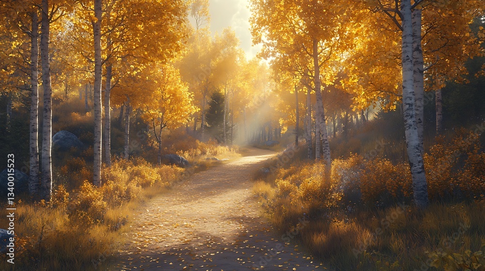Obraz premium A peaceful path through an autumn forest with sunlight streaming through golden trees, centered on a solid soft beige background