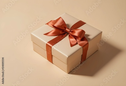A neatly wrapped gift box with a satin ribbon on a soft beige background. Crisp edges, smooth paper, and soft lighting create a clean, minimalist composition ideal for celebrations and gifting themes.
