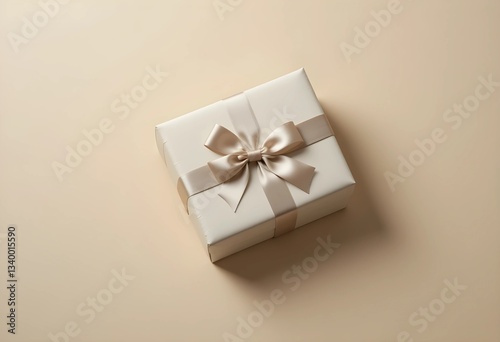 A neatly wrapped gift box with a satin ribbon on a soft beige background. Crisp edges, smooth paper, and soft lighting create a clean, minimalist composition ideal for celebrations and gifting themes.