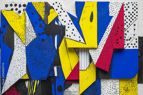 A vibrant handmade geometric abstract artwork featuring bold colors, layered shapes, and dynamic textures, creating a visually striking modern design with a contemporary artistic touch