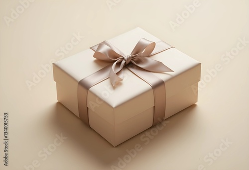A neatly wrapped gift box with a satin ribbon on a soft beige background. Crisp edges, smooth paper, and soft lighting create a clean, minimalist composition ideal for celebrations and gifting themes.